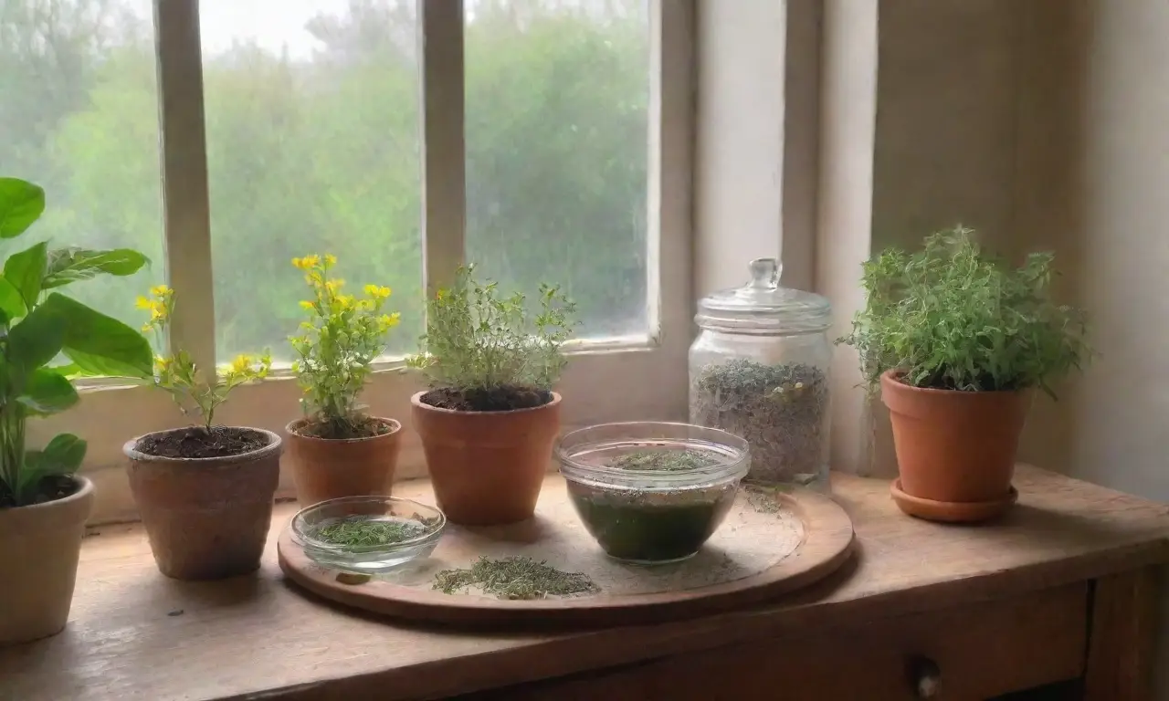 Un ambiente tranquilo y acogedor lleno de plantas, herramientas de herbolario y luz natural