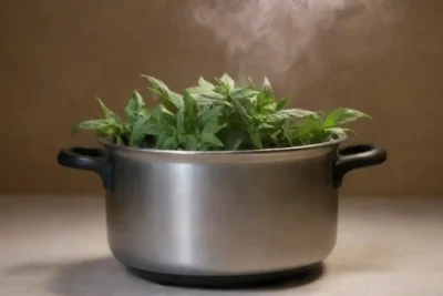 Una olla de vapor de agua con hojas frescas de monarda