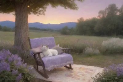 Un campo de lavanda bajo un atardecer dorado evoca tranquilidad con flores