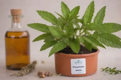 Planta Pimpinela mostrada junto con remedios homeopáticos y beneficios enumerados en una guía.