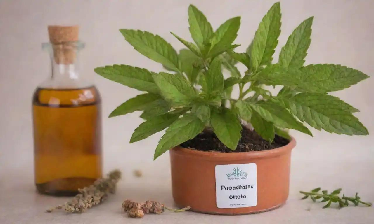 Planta Pimpinela mostrada junto con remedios homeopáticos y beneficios enumerados en una guía.