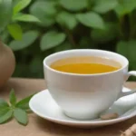 Una taza de té ginseng junto a raíces ginseng frescas y plantas verdes vibrantes.