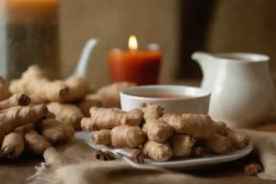 Frescas raíces de jengibre exhibidas junto con té caliente y especias de invierno en un acogedor entorno de mesa.