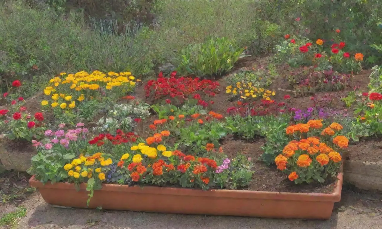 Un jardín vibrante y lleno de vida con flores, vegetales y mariposas