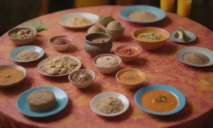 Una vibrante propagación de platos y bebidas exclusivos Kava infundidos en una mesa colorida.
