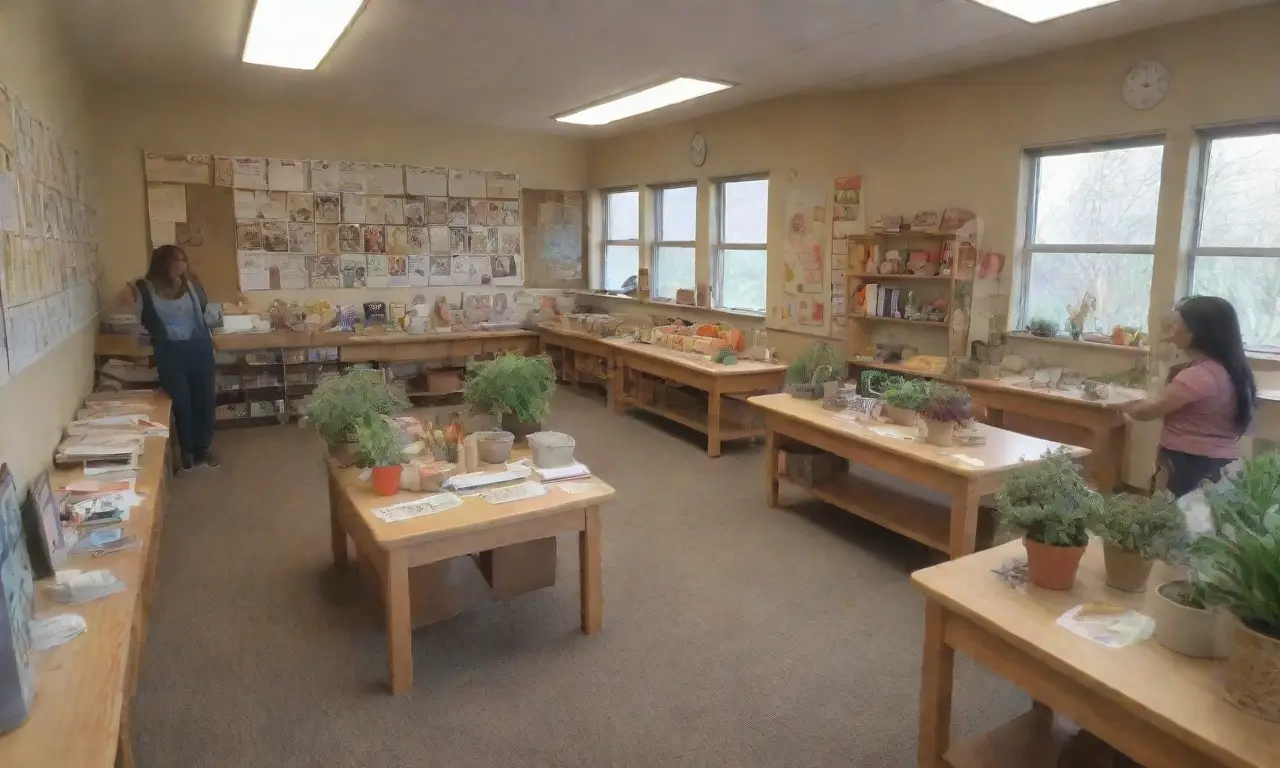 Un aula vibrante y colorida llena de estudiantes curiosos, materiales educativos y un ambiente de aprendizaje
