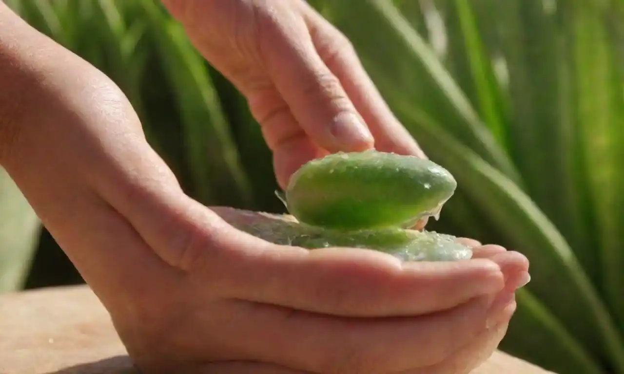 Guía paso a paso que muestra la aplicación de gel en la piel con plantas de aloe vera en el fondo.
