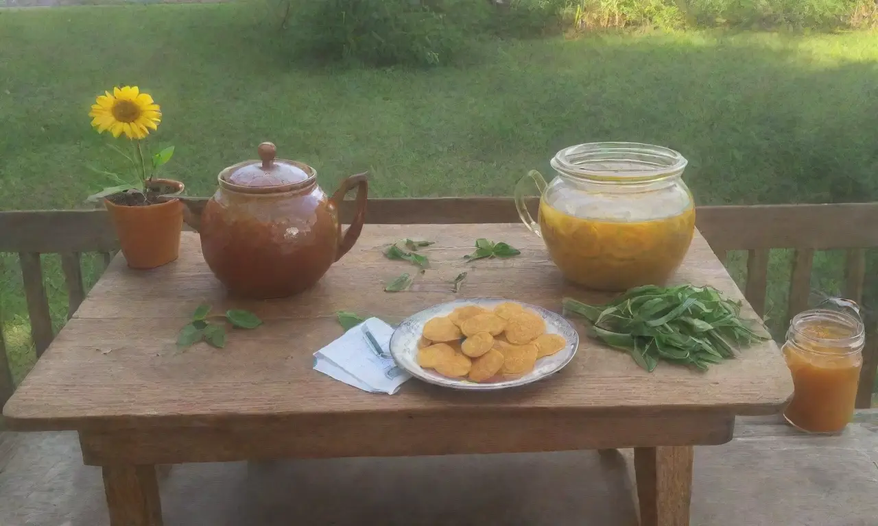 Un acogedor ambiente de cocina con té herbal, hierbas frescas y una atmósfera de tranquilidad