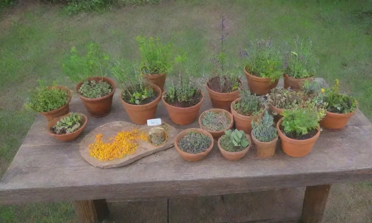 Un encantador rincón natural con hierbas secas, flores, y elementos rústicos