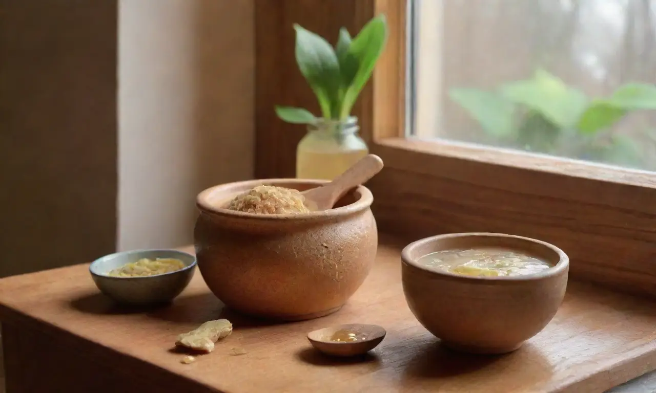 Un acogedor rincón de cocina con té de jengibre, miel, limón y un ambiente cálido