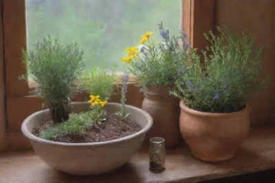 Un rincón rústico lleno de hierbas frescas y aromas naturales que evoca tranquilidad