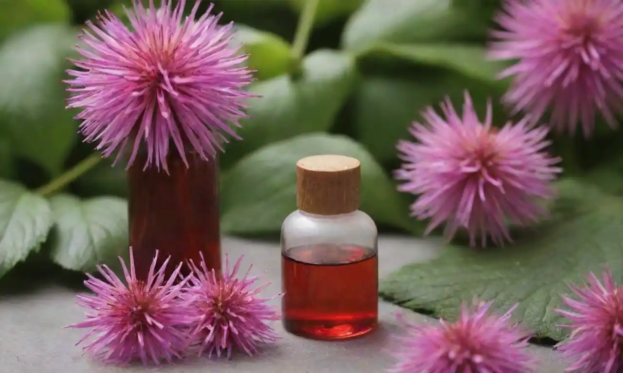 Botellas de cosméticos con ingredientes Monarda junto a hojas Monarda frescas y flores.