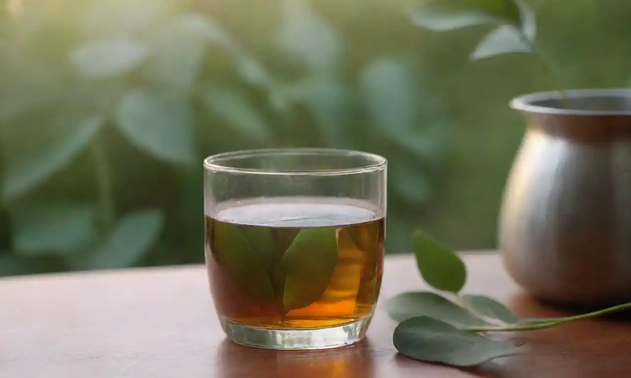 Una olla de agua hirviendo con hojas de eucalipto y un vaso de refrescante bebida cerca.